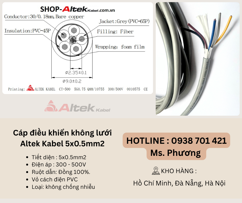 Cáp điều khiển không lưới chống nhiễu Altek Kabel 5x0.5mm2 Đà Nẵng, Hồ Chí Minh,